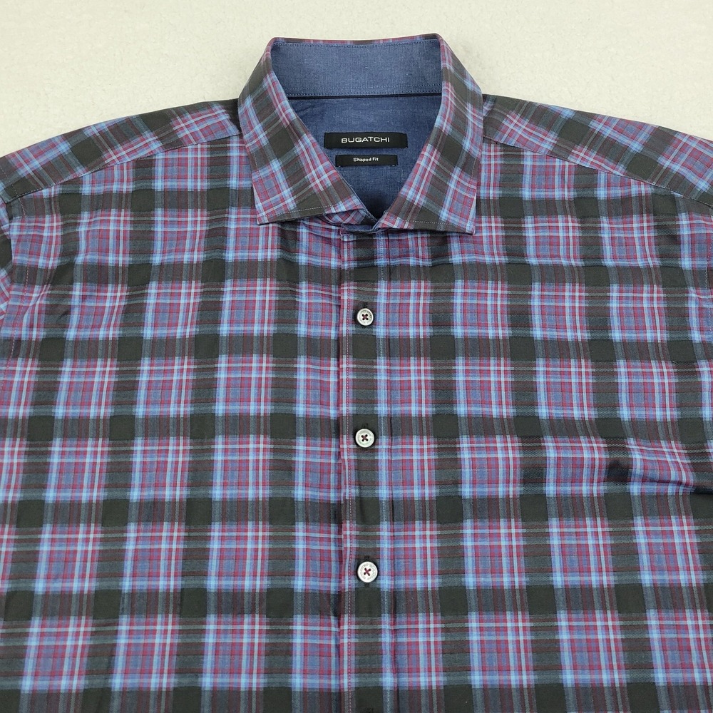 Bugatchi Button Up Shirt Mens XL Shaped Fit Colorful Plaid 100% Cotton READ